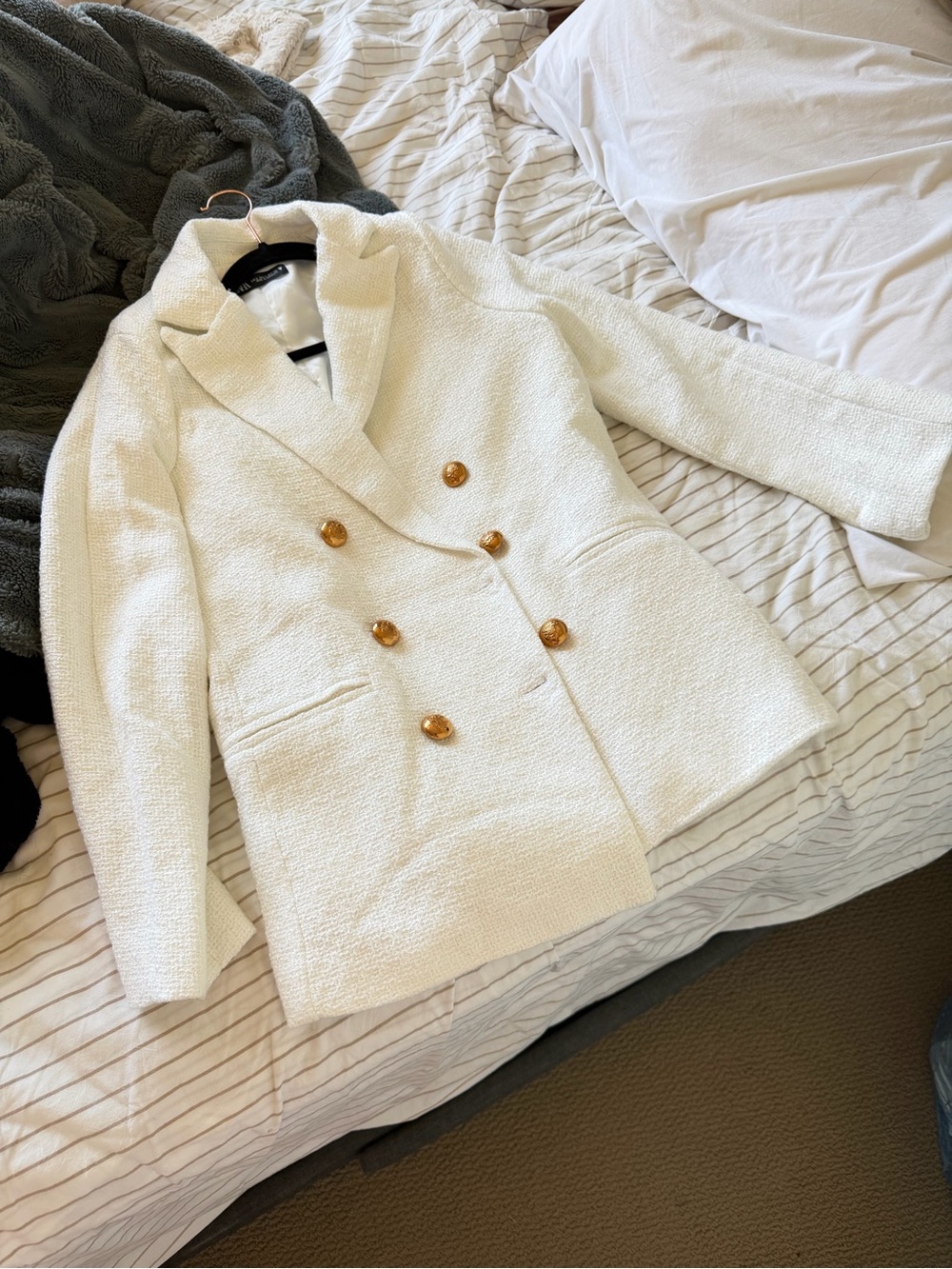 Zara Double-Breasted Tweed Textured Cream Blazer with Gold Buttons S